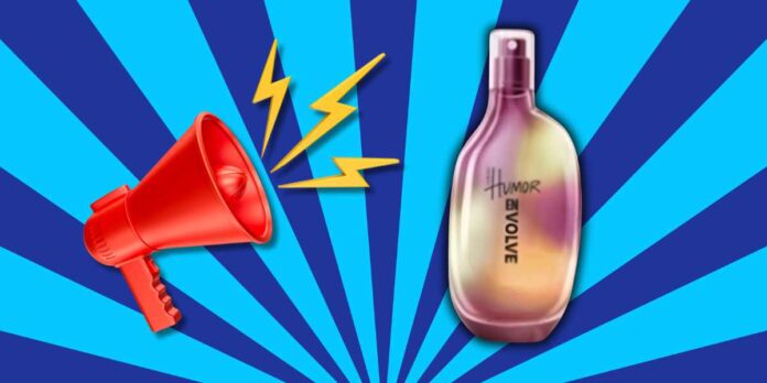 fundo listrado em azul, corneta trombone vermelho com raios dourados, frasco de perfume natura humor