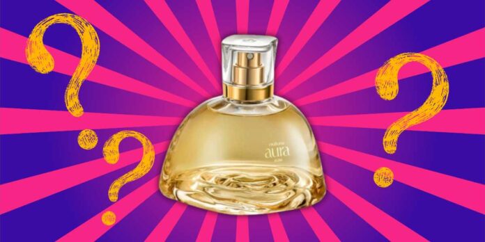 frasco de perfume natura alba, fundo listrado em roxo e rosa, interrogações amarelas