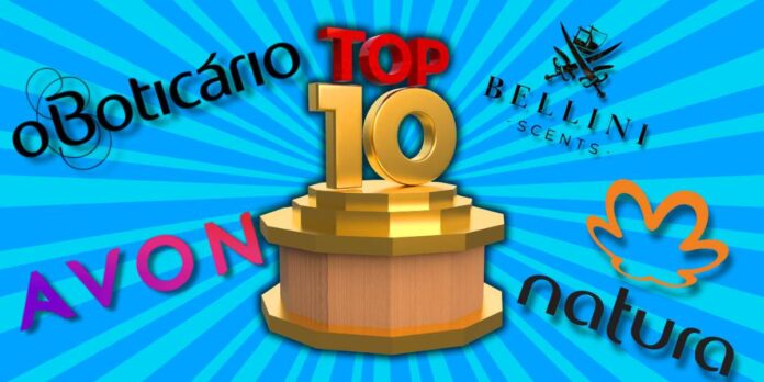 A imagem mostra um troféu escrito top 10 em letras vermelhas e douradas, com fundo azul, e as marcas, O boticário, Avon, natura e Bellini Scents, ranquando no Top 10 Melhores Marcas de Perfumes Nacionais