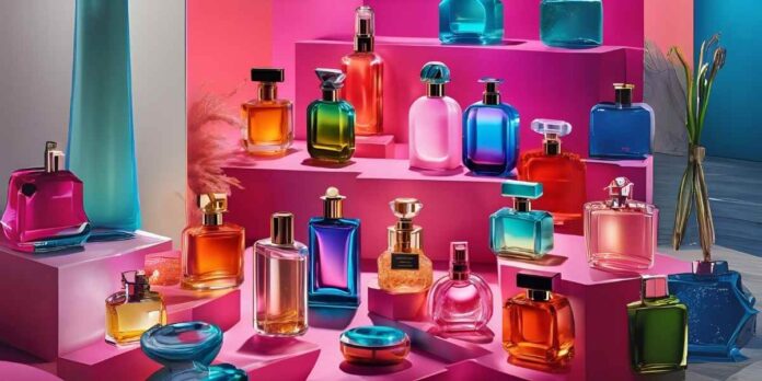 A imagem mostra diversos frascos de perfume com cores chamativas, com flores ao lado em uma bancada, e ao fundo cores neon, Melhores Perfumes Importados Femininos