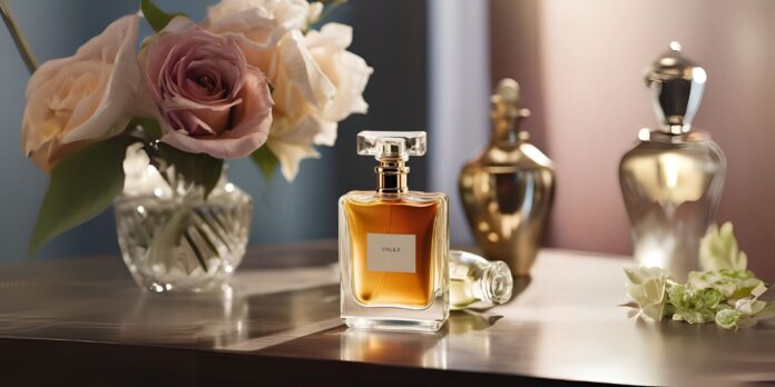 frasco de perfume feminino, mesa de madeira, vaso com flores