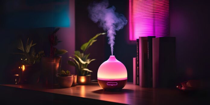 difusor de ambiente, soltando vapor, em uma mesa de madeira, luzes neon no fundo