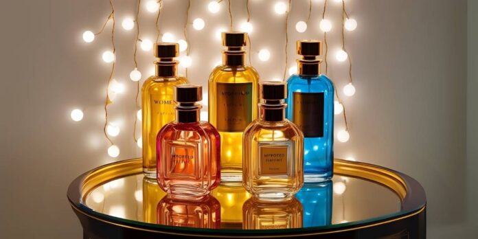 A imagem mostra cinco frascos de perfume de diferentes cores, em uma bandeja com luzes ao fundo desfocadas, para exemplificar perfumes importados femininos baratos