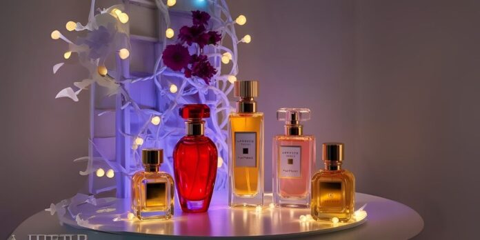 a imagem mostra cinco frascos de perfume para exemplificar melhores perfumes nacionais femininos, todos os frascos de diversas cores diferentes, em uma mesa com fundo de flores e luzes.