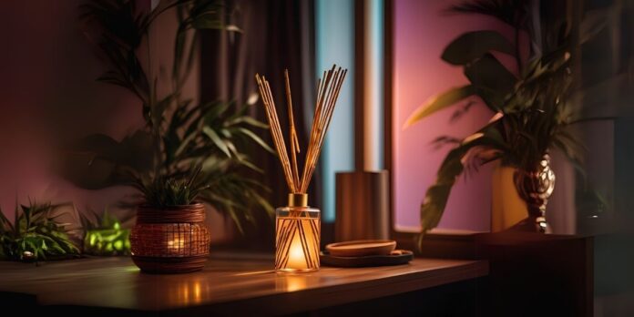 A imagem mostra uma sala de estar, com melhores difusores de ambiente, com fundo de palmeira como decoração.