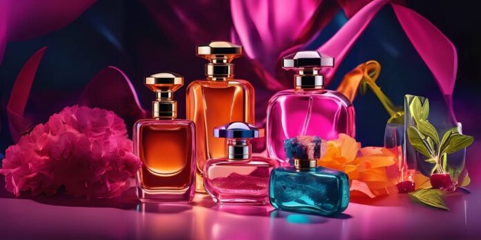 A imagem mostra frascos de perfumes nacionais femininos baratos, em cores chamativas, neon, com frutas e flores ao lado, e o fundo com panos e tecidos de cores chamativas em rosa neon