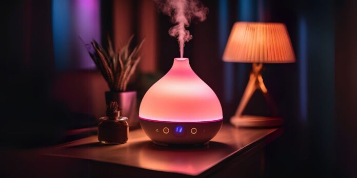 A imagem mostra Como Usar Óleos Essenciais em Casa, em um difusor de ambiente, ligado com luzes aconchegantes