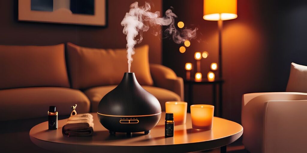 <Título_H1>Como Usar Óleos Essenciais em Casa: Transforme Sua Rotina</Título_H1> 1 A imagem mostra Como Usar Óleos Essenciais em Casa, utilizando um difusor, com oleos essenciais e velas ao lado, em cima de uma mesa, com uma sala de estar ao fundo com luzes aconchegantes.