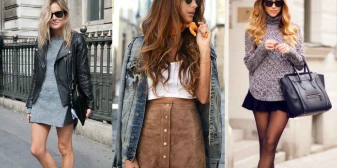 Mulheres posando para fotos com roupas de outono, primeira mulher utiliza um vestido curto com jaqueta e óculos escuro. Segunda mulher utiliza uma saia marrom, blusa branca e jaqueta jeans por cima. Terceita imagem, mulher posando para foto, utilizando saia curta, meia fina e blusa com bolsa de lado.