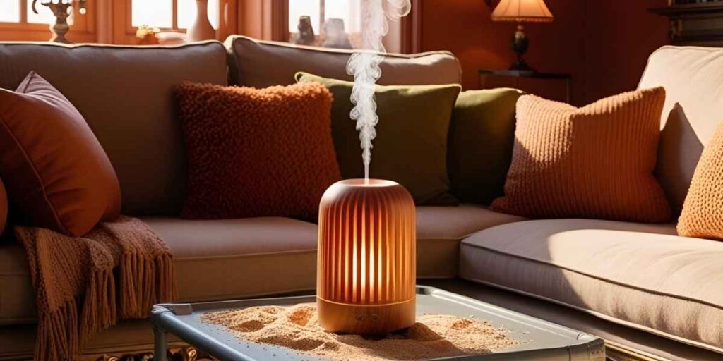 O Segredo dos Aromatizantes de Luxo 2025: Eleve Sua Casa 1 A imagem mostra uma sala de estar, com sofas em tom bege, e almofadas em tons marrom e verde, com uma mesa ao centro e um aromatizador ligado com luzes e uma fumaça saindo dele para exemplificar aromatizadores de luxo
