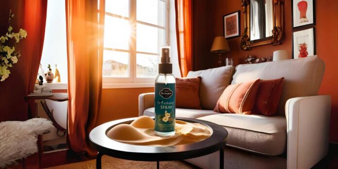 cenário de uma sala de estar, aconchegante, luz solar, spray de aromatizadores de luxo de ambientes, mesa central, um sofá bege
