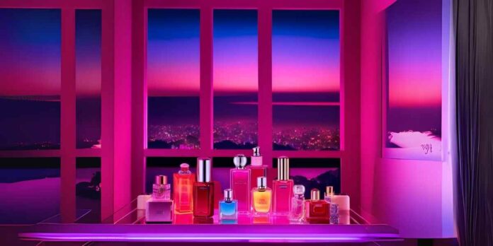 A imagem mostra diversos perfumes em cores chamativas, em cima de uma bancada neon e fundo de uma janela neon com paisagem