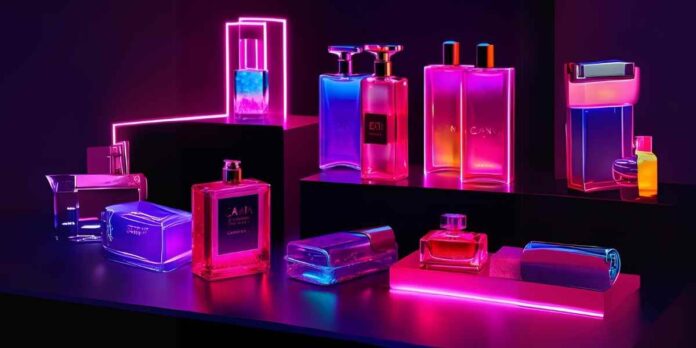 A imagem mostra diversos frascos de perfume com cores chamativas em neon em um fundo escuro