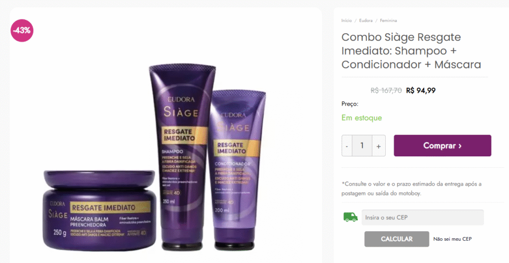 Eudora Siàge Resgate Imediato: Transforme Seus Fios com Descontos no Saldão dos Perfumes 1 A imagem mostra o combo Eudora Siage resgate imediato: shampoo, condicionador e máscara, para cabelos danificados.