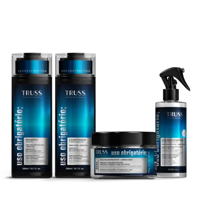 A imagem mostra quatro frascos de produtos para cabelo da Linha Uso Obrigatório Truss, em fundo branco
