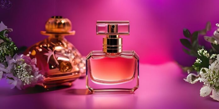 A imagem mostra um perfume ao centro, perfume Feminino Leve para Trabalho, em um fundo rosa com flores ao lado