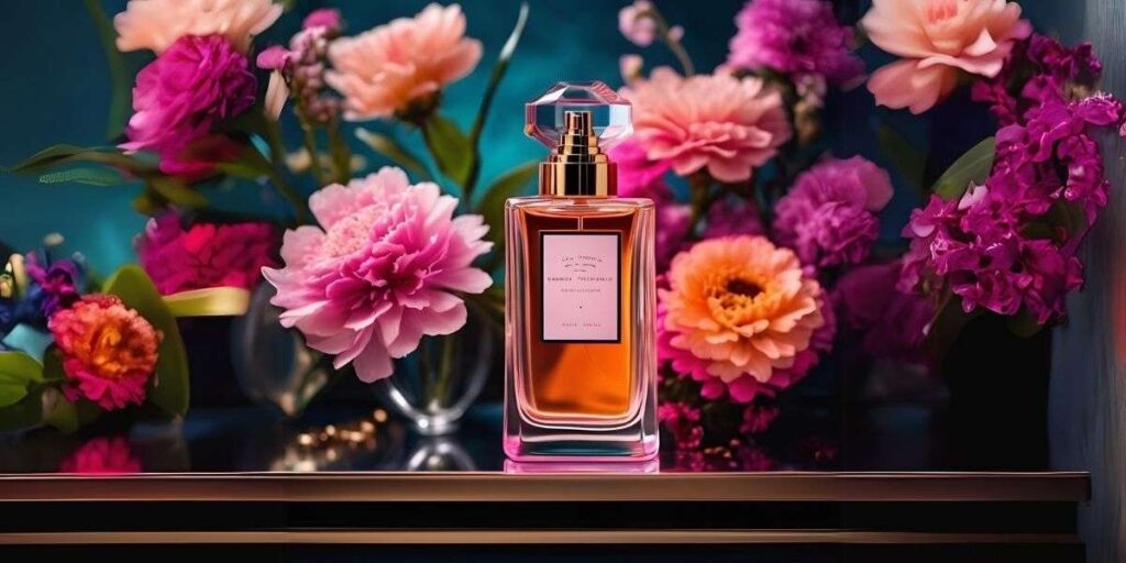 Perfume Feminino Leve para Trabalho: A Escolha Perfeita para o Dia a Dia 1 A imagem mostra um perfume Feminino Leve para Trabalho, em destaque, com flores ao fundo em uma mesa de madeira