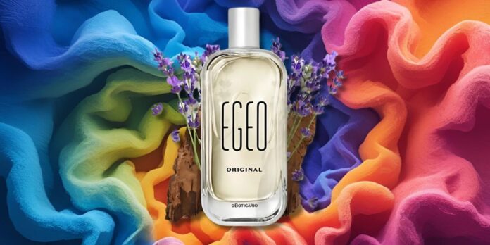 A imagem mostra o perfume egeo original, em um fundo colorido, vibrante