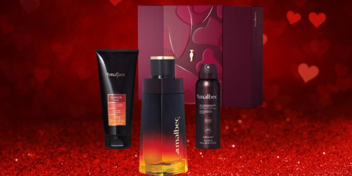 A imagem mostra Promoção Dia dos Namorados:Kit Malbec X, com um perfume da linha malbec x, um desodorante colonia e um Shower Gel Cabelo e Corpo Malbec, com uma caixa presenteavel com fundo vermelho e corações.