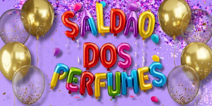 A imagem mostra o aniversário de 1 ano da Saldão dos Perfumes, com fundo lilas, balões dourados e letras em forma de balão com o nome saldão dos perfumes