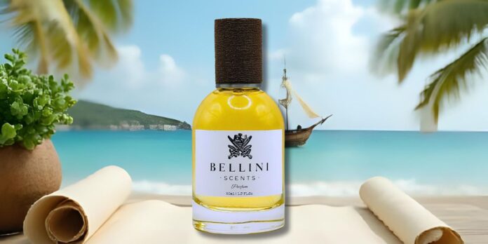 A imagem mostra um perfume Bellini como centro em cima de um mapa do tesouro, ao fundo um navio em um mar azulado